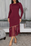 Black Elegant Solid Color Fringed Trim O Neck Irregular Dresses