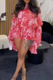 Pink Casual Print Flounce O Neck Long Sleeve Two Pieces