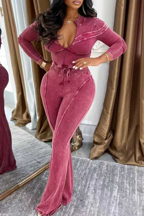Burgundy Casual Solid Color Distressed Zipper Collar Long Sleeve Two Pieces