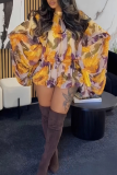 Pink Casual Print Flounce O Neck Long Sleeve Two Pieces