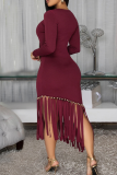 Black Elegant Solid Color Fringed Trim O Neck Irregular Dresses