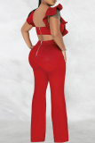 Black Sexy Solid Patchwork Flounce O Neck Straight Jumpsuits