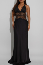 Black Sexy Solid Color Lace Backless Spaghetti Strap Long Dresses