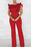 Black Sexy Solid Patchwork Flounce O Neck Straight Jumpsuits
