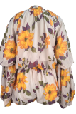 Pink Casual Print Flounce O Neck Long Sleeve Two Pieces
