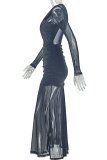Black Elegant Solid Color Mesh O Neck Long Dresses
