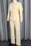 Apricot Casual Solid Color Hollow Out Strap Design Turndown Collar Short Sleeve Two Pieces