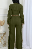 Coffee Casual Solid Color Fringed Trim O Neck Long Sleeve Two Pieces