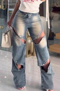 Blue Sexy Solid Color Hollow Out Distressed Mid Waist Loose Denim Jeans