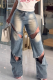 Blue Sexy Solid Color Hollow Out Distressed Mid Waist Loose Denim Jeans