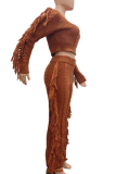 Coffee Casual Solid Color Fringed Trim O Neck Long Sleeve Two Pieces