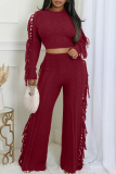 Coffee Casual Solid Color Fringed Trim O Neck Long Sleeve Two Pieces