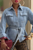 Blue Casual Solid Color Pocket Strap Design Turndown Collar Long Sleeve Regular Denim Jacket