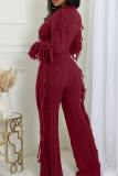 Coffee Casual Solid Color Fringed Trim O Neck Long Sleeve Two Pieces