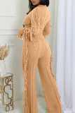 Coffee Casual Solid Color Fringed Trim O Neck Long Sleeve Two Pieces