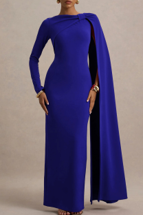 Blue Elegant Solid Color Slit O Neck Long Dresses
