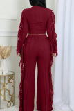 Coffee Casual Solid Color Fringed Trim O Neck Long Sleeve Two Pieces