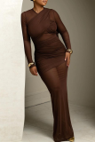 Black Elegant Solid Color Mesh O Neck Long Dresses