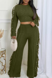 Coffee Casual Solid Color Fringed Trim O Neck Long Sleeve Two Pieces