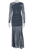 Black Elegant Solid Color Mesh O Neck Long Dresses