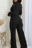 Coffee Casual Solid Color Fringed Trim O Neck Long Sleeve Two Pieces