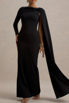 Black Elegant Solid Color Slit O Neck Long Dresses