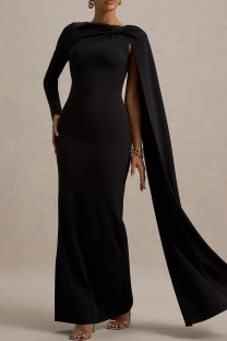 Black Elegant Solid Color Slit O Neck Long Dresses