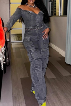 Black Sexy Solid Color Buckle Off Shoulder Regular Jumpsuits