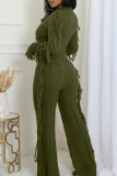 Coffee Casual Solid Color Fringed Trim O Neck Long Sleeve Two Pieces