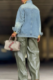 Blue Casual Solid Color Buckle Mandarin Collar Long Sleeve Loose Denim Jacket