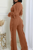 Coffee Casual Solid Color Fringed Trim O Neck Long Sleeve Two Pieces