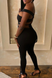 Black Sexy Solid Color Hollow Out Asymmetrical Collar Skinny Jumpsuits