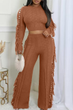 Coffee Casual Solid Color Fringed Trim O Neck Long Sleeve Two Pieces