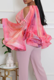 Pink Sexy Print Flounce O Neck Tops