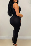 Black Sexy Solid Color See-Through O Neck Wrapped Skirt Dresses