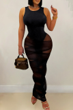Black Sexy Solid Color See-Through O Neck Wrapped Skirt Dresses