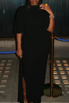 Black Elegant Solid Color Slit O Neck Dresses