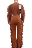 Coffee Casual Solid Color Fringed Trim O Neck Long Sleeve Two Pieces