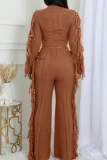 Coffee Casual Solid Color Fringed Trim O Neck Long Sleeve Two Pieces
