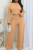 Coffee Casual Solid Color Fringed Trim O Neck Long Sleeve Two Pieces