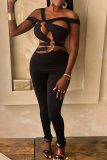 Black Sexy Solid Color Hollow Out Asymmetrical Collar Skinny Jumpsuits