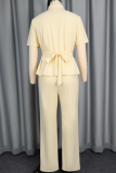 Apricot Casual Solid Color Hollow Out Strap Design Turndown Collar Short Sleeve Two Pieces