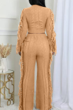 Coffee Casual Solid Color Fringed Trim O Neck Long Sleeve Two Pieces