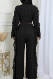 Coffee Casual Solid Color Fringed Trim O Neck Long Sleeve Two Pieces