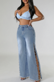 Blue Casual Solid Color Slit Rhinestone Decor Mid Waist Straight Denim Jeans