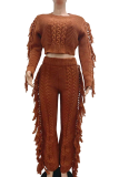 Coffee Casual Solid Color Fringed Trim O Neck Long Sleeve Two Pieces