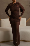 Black Elegant Solid Color Mesh O Neck Long Dresses