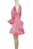 Pink Sexy Print Flounce O Neck Tops