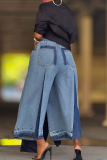 Blue Casual Print Contrast Loose Denim Jeans