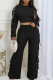 Black Casual Solid Color Fringed Trim O Neck Long Sleeve Two Pieces